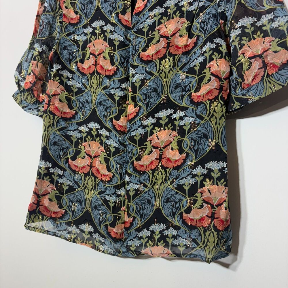 Anthropologie Meadow Rue Basilique Top Floral Metallic Mock Neck Blouse Size 0 - Picture 11 of 14